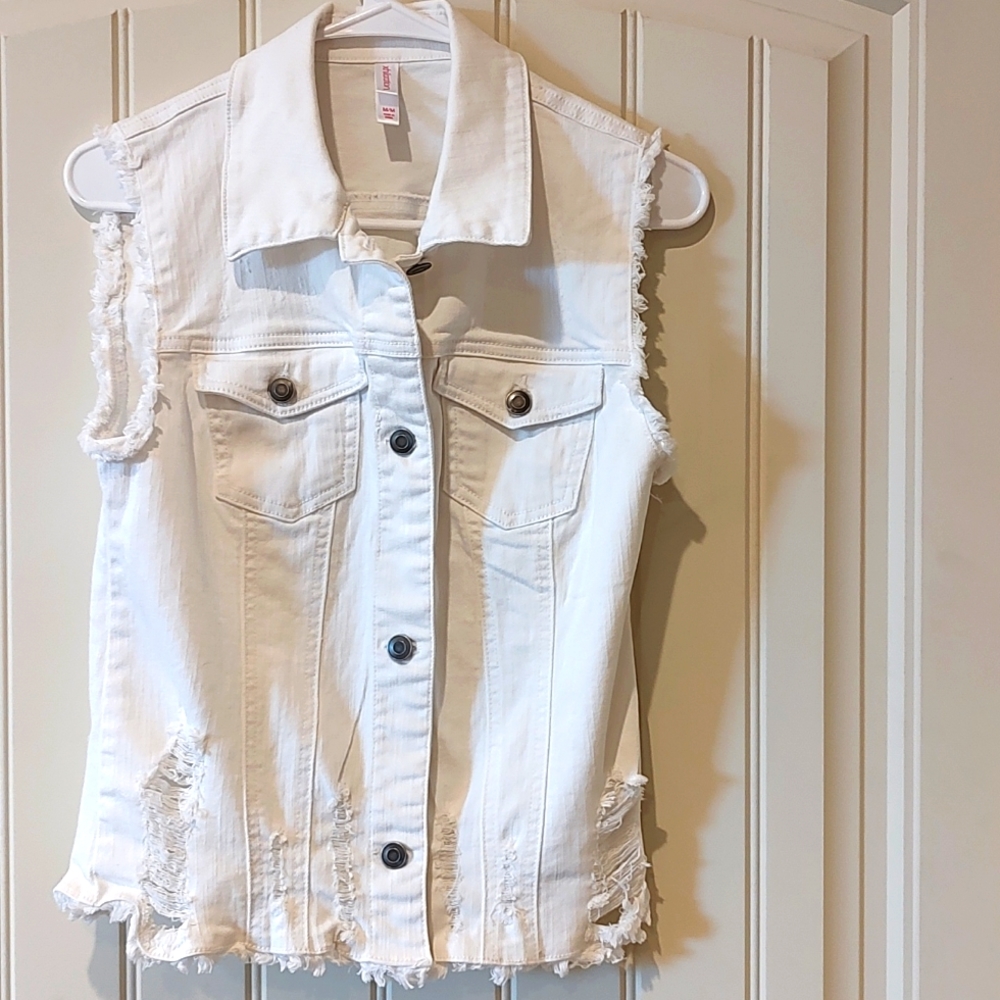 Girls Distressed White Denim  Frayed Sleeveless Vest with Pockets